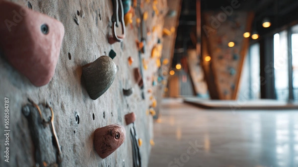 Fototapeta Close up shot of an indoor climbing wall with various colored holds and a blurred background view
