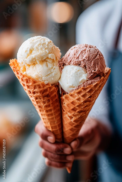 Fototapeta Two delicious ice cream cones with creamy vanilla and chocolate flavors are held in hands, showcasing a delightful treat against a soft-focused background.