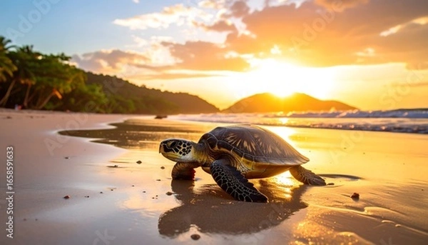 Fototapeta Turtle on a beach at sunset