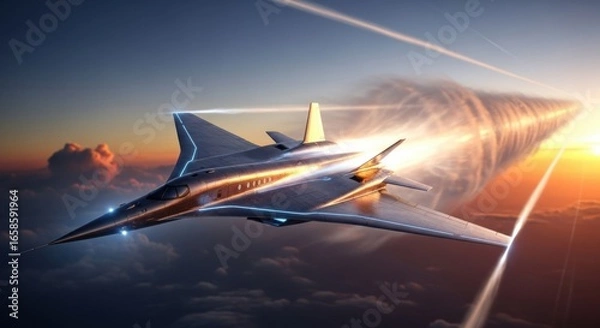 Obraz A futuristic supersonic aircraft soars through the sky, leaving a visible sonic boom in its wake as the sun sets on the horizon.