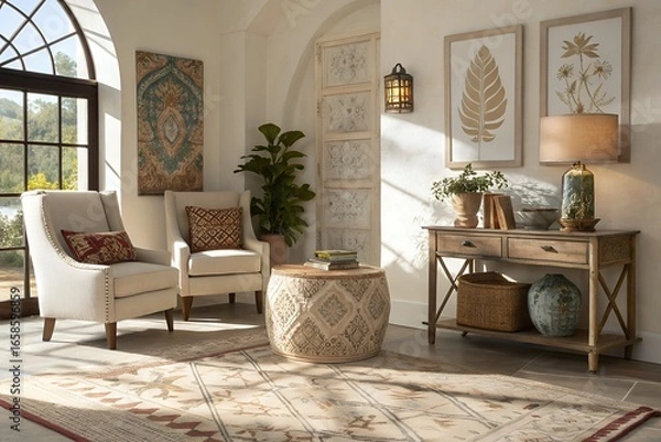 Fototapeta Sunlit living room with eclectic decor and patterned textiles