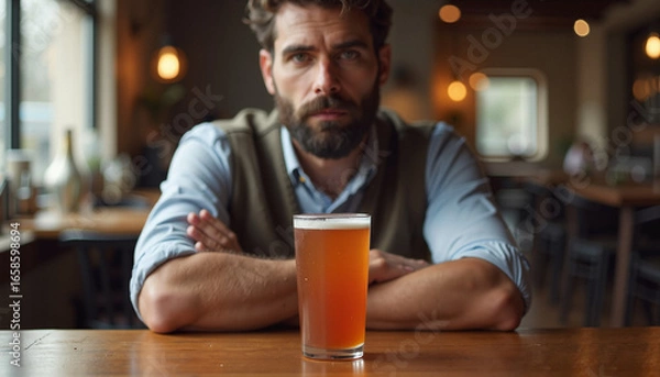 Fototapeta Man looking serious while sitting at a table with a beer
