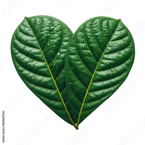 Fototapeta  Heart-Shaped Leaves: Two fresh, green leaves arranged to form a heart shape with water droplets, symbolizing nature's love and vitality on a transparent background