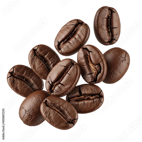 Fototapeta Roasted Coffee Beans: A close-up studio shot of a small pile of rich, brown, roasted coffee beans with visible cracks and texture, on a transparent background.