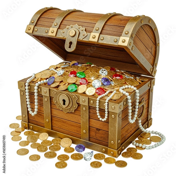Fototapeta Treasure Chest Overflowing: A detailed 3D rendering of a classic wooden treasure chest, slightly open and spilling with shiny gold coins, pearls, and colorful jewels