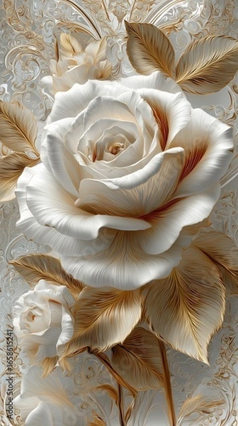 Fototapeta A vivid white rose against a white and gold figure, accented with elegant gold floral designs that add a touch of romance and sophistication. luxury feeling white roses with golden touch