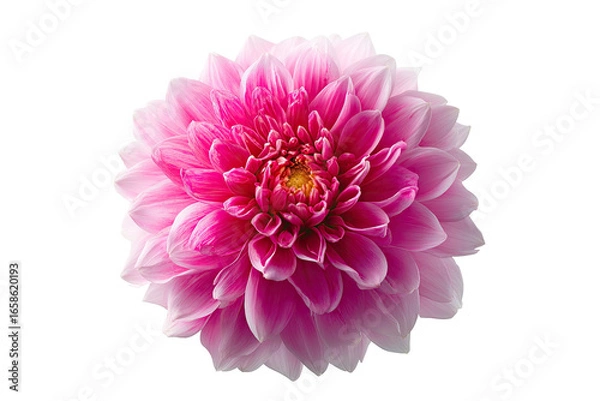 Fototapeta Close-up of a vibrant pink dahlia.  A single,  perfectly formed,  pink flower,  with a gradient of lighter pink towards the edges,  is centered against a black background.  