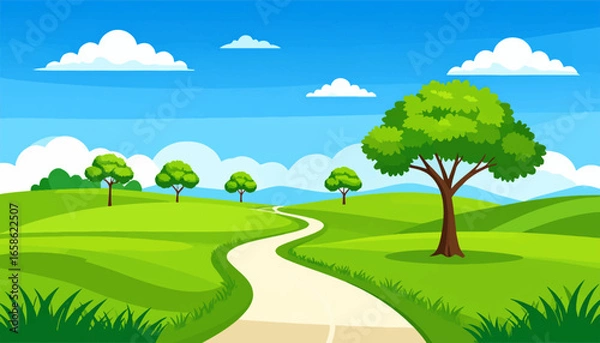 Fototapeta Serene rural road in open fields. Lush green fields and peaceful path. Scenic road through hilly landscape. Vibrant summer countryside road scene. Cloudy sky over rural road and fields