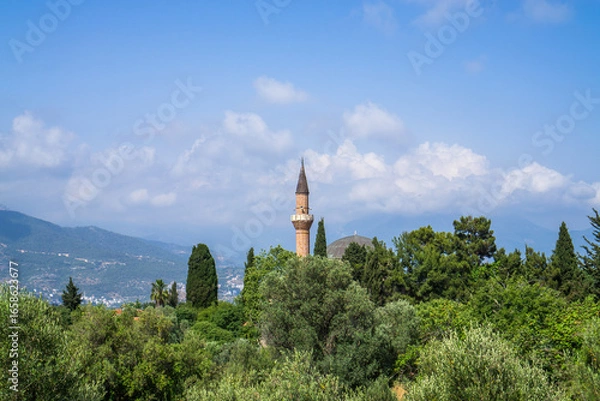 Fototapeta Minaret of Mosque Rising Above Green Trees with Mountains in Background