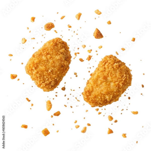 Fototapeta Two golden crispy chicken nuggets with crumbs isolated on transparent background