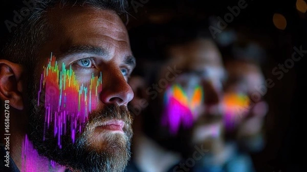 Fototapeta Neon Data Streams Across Faces: A Glimpse into the Digital Age