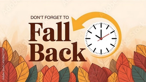 Obraz Photo of dont forget to fall back reminder with a clock and autumn leaves, signifying the end of daylight saving time and the change of season