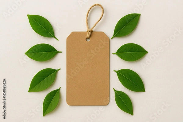 Obraz Mockup of a blank kraft paper tag surrounded by fresh green leaves on a light background. Minimalistic eco-style design ideal for branding, packaging, labels, and product presentations.