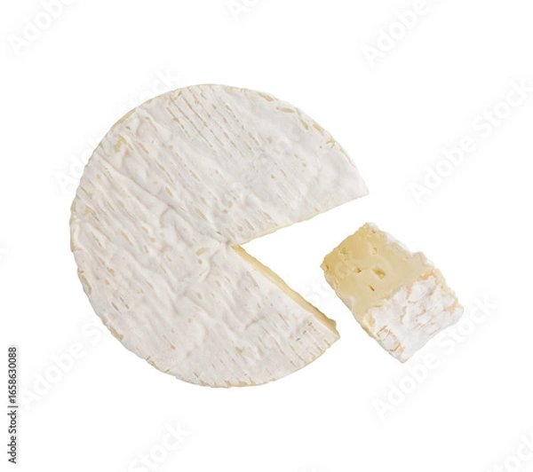 Fototapeta fresh camembert cheese whole and piece isolated on white background, top view