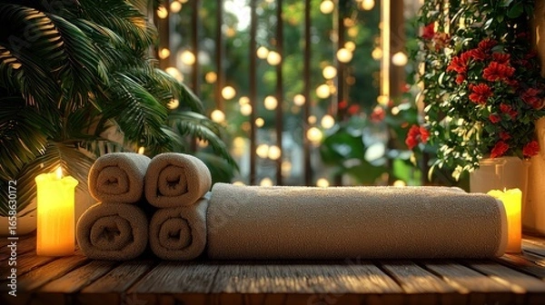 Fototapeta Serene Spa Setting: Towels, Candles, and Plants