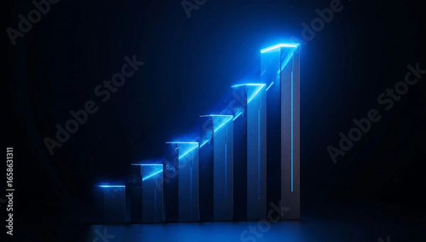 Fototapeta Futuristic glowing 3D bar chart with rising growth trend in neon blue light