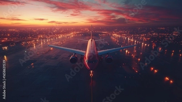 Fototapeta Sunset Takeoff: A Breathtaking Aerial View of an Airplane Ascending over a City at Dusk