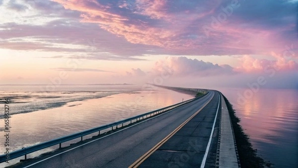 Fototapeta Surreal Ocean Road Under a Pastel Sky
Long Road Over Water at Sunset with Fog
Tranquil Coastal Highway at Dawn with Soft Colors