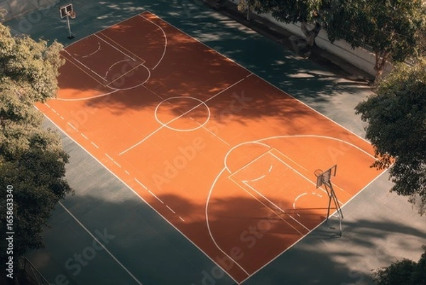 Fototapeta Basketball field banner featuring a vibrant orange court surrounded by trees during daylight showcasing a realistic and inviting atmosphere for sports enthusiasts