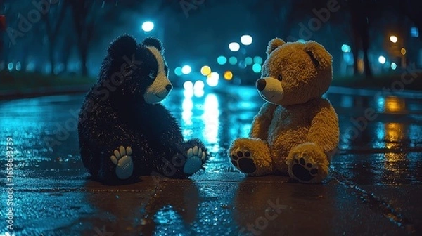 Fototapeta Night's Solitude: Two teddy bears sitting alone on a wet city street under the glow of streetlights, evoking a sense of loneliness and longing.