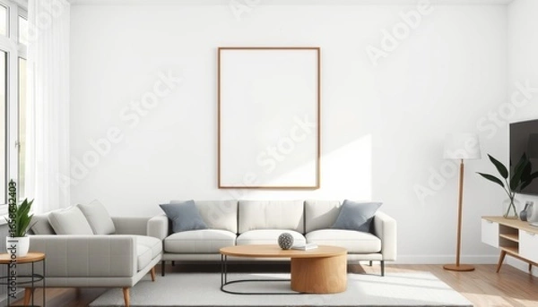 Fototapeta Bright and airy modern living room with comfortable sofa and blank frame for artwork