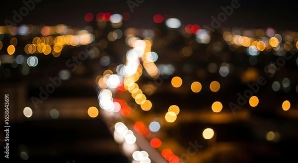 Fototapeta Abstract cityscape bokeh lights at night showcasing urban life and glowing blurred movement