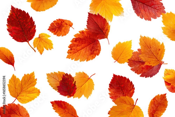 Obraz Autumn leaves scattered on black background.  Vibrant fall colors of orange, red, and gold leaf shapes, falling and layered on a dark background.  Crisp edges on each leaf