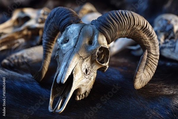 Fototapeta Realistic ram skull display with horns showcasing natural texture and detail in curated setting