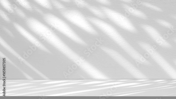 Fototapeta Empty white counter with sunlight and branch shadow on concrete wall background, suitable for product display presentation backdrop