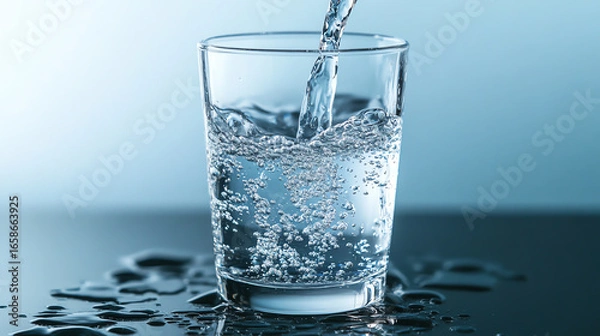 Fototapeta A refreshing glass of sparkling water filled with bubbles and clear liquid.