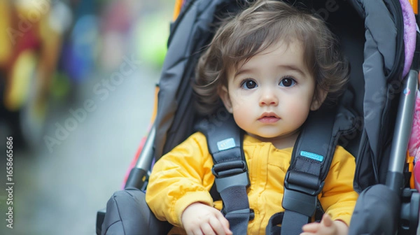Fototapeta A toddler in a yellow jacket sitting in a stroller, looking curiously at the surroundings.