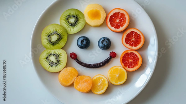 Fototapeta Brightly arranged fruits create a cheerful smiley face on a plate.