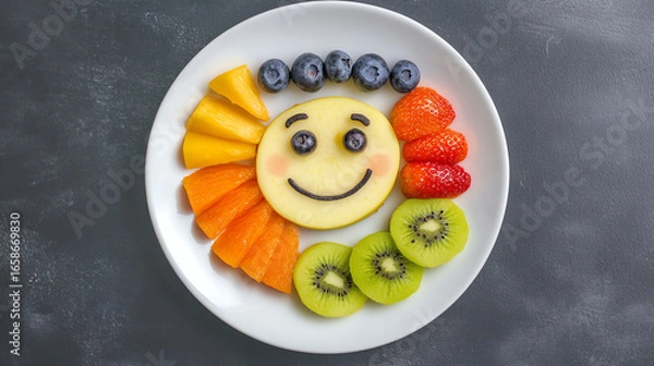 Fototapeta Colorful fruit arrangement shaped like a smiling face on a plate.