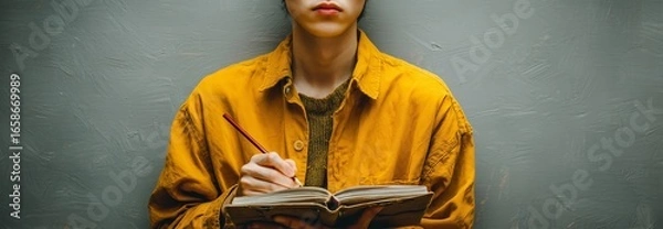 Fototapeta A young person is writing in a notebook, wearing a yellow jacket, conveying creativity and contemplation.