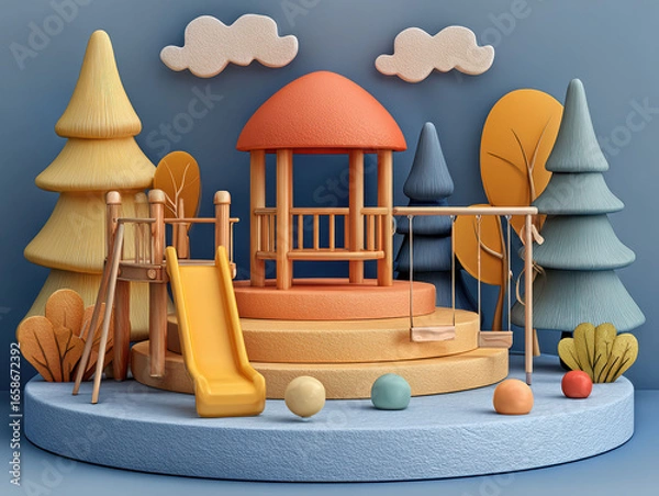 Fototapeta Vibrant childrens playground within a forest, composed of wooden structures and bright colors Multi-level tower with slides, monkey bars, and tunnel Varied tree species, scattered le - AI-Generated