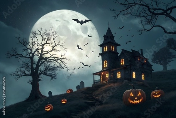 Obraz halloween background with pumpkin and bats