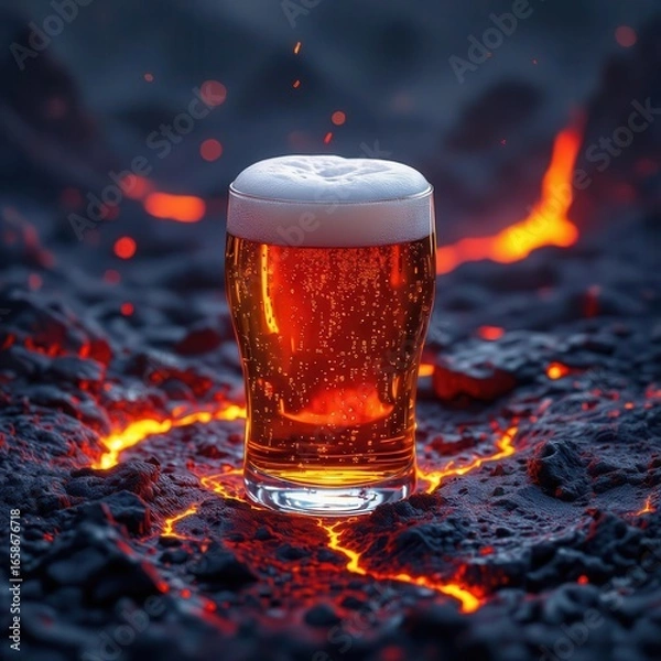 Fototapeta Frosty beer glass standing boldly amidst glowing volcanic terrain.