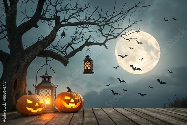 Obraz halloween background with pumpkin and bats