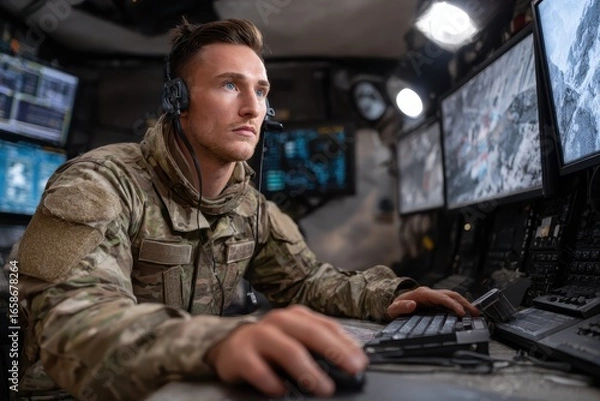 Fototapeta Military specialist operating advanced technology at command post during strategic operations in a dynamic environment