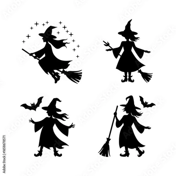 Obraz Witch Silhouette Set with Broom and Bats