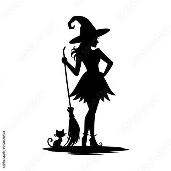 Obraz Witch Silhouette with Cat and Broom Vector