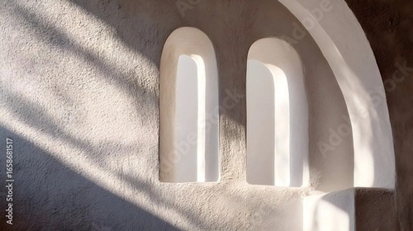 Obraz Minimalist Architectural Arches on Textured Wall with Sunlight and Shadow Play