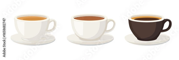 Fototapeta Three cups of coffee with different shades in white and brown ceramic cups on white background flat minimalist vector illustration for breakfast or coffee break concept