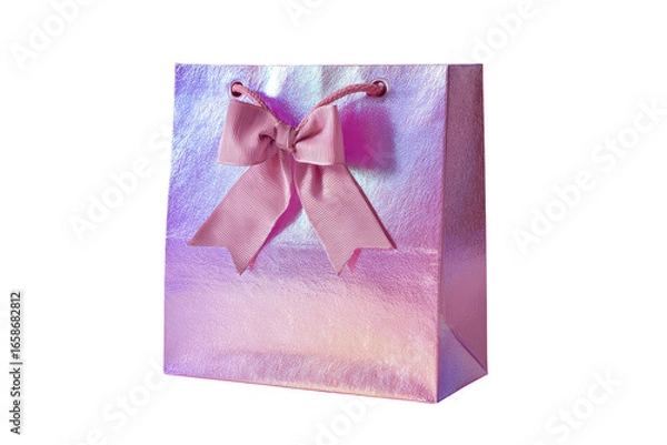 Fototapeta Pink iridescent gift bag with a bow