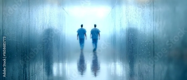 Fototapeta Medical Professionals Walking Towards Bright Future in a Serene, Reflective Hospital Corridor with Textured Wet Walls