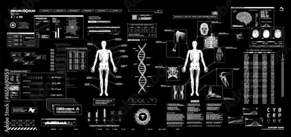 Fototapeta Full medical examination in cyberpunk style with HUD, UI interface. Futuristic healthcare app, screen interface with a 3d hologram, mri, dna, 3d hologram brain, x-ray, body. Cyberpunk HUD, UI. Vector