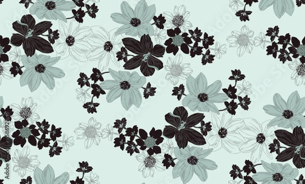 Obraz Flowers and leaves in vintage style, seamless pattern	