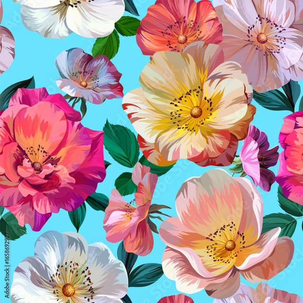 Fototapeta Roses and wild roses pattern. Vector floral pattern with summer flowers and tea rose. For paper, fabric, packaging and interior design.