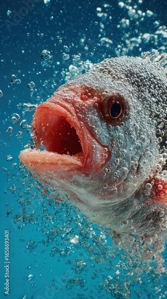 Fototapeta A colorful fish swims in clear water, mouth open with bubbles forming around it