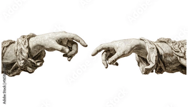 Obraz Two outstretched hands, light gray-white, appear to touch, against a black background.  Detailed depiction of human anatomy, suggesting a connection or a divine moment